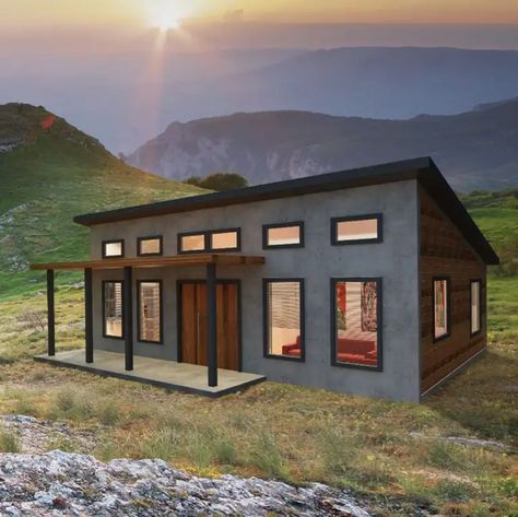 Small House Kits For Sale | Mighty Small Homes Small Home Kits, Slanted Roof House, House Kits, Prefab Tiny Houses, Single Pitch Roof House, Single Slope Roof House Plans, Modern Tiny House Design, Single Slope Roof Cabin, Single Slant Roof House