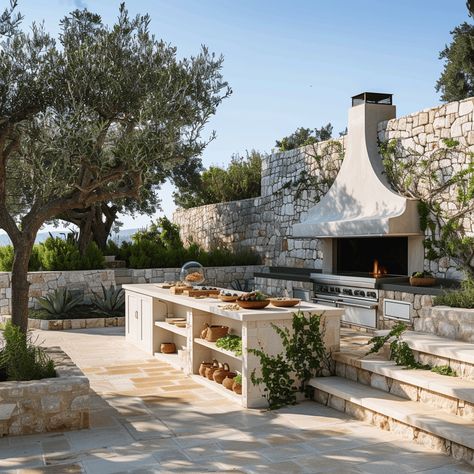 44 Incredible Mediterranean Garden Ideas That Will Transport You to Pa Mediterranean Outdoor Bbq Area, Modern Mediterranean Outdoor Kitchen, Mediterranean Villa Kitchen, Mediterranean Outdoor Kitchen Ideas, Outdoor Mediterranean Kitchen, Mediterranean Herb Garden, Mediterranean Courtyard Ideas, Mediterranean Hardscape, Greek Garden Ideas