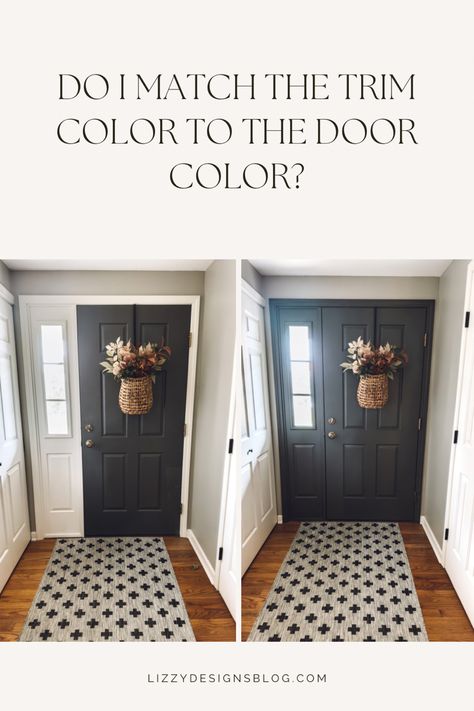 A dark gray door with the trim left white and one where the trim is painted to match Black Interior Front Door White Trim, Trim That Isnt White, Dark Front Door Interior, White Trim With Painted Doors, Paint Inside Front Door Entryway, Painted Entry Doors, Inside Entry Door Colors, Paint Door And Trim Same Color, Neutral Door Colors Interior