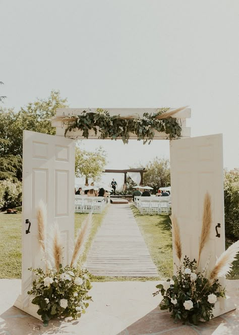 Wedding Entrance Doors Outdoor Ceremony | Wedding Ceremony Decorations | Wedding Flowers | Palm Springs Wedding Photographer | San Diego Wedding Photographer | California Wedding Photographer | Timeless and Romantic Wedding Photographer Wedding Arch Ideas Pampas, Wedding Arch Lights, Outdoor Wedding Doors, Gate Garden Ideas, Door Wedding Decor, Outdoor Wedding Entrance, Garden Pathway Ideas, Flower Gate, Bride Entrance