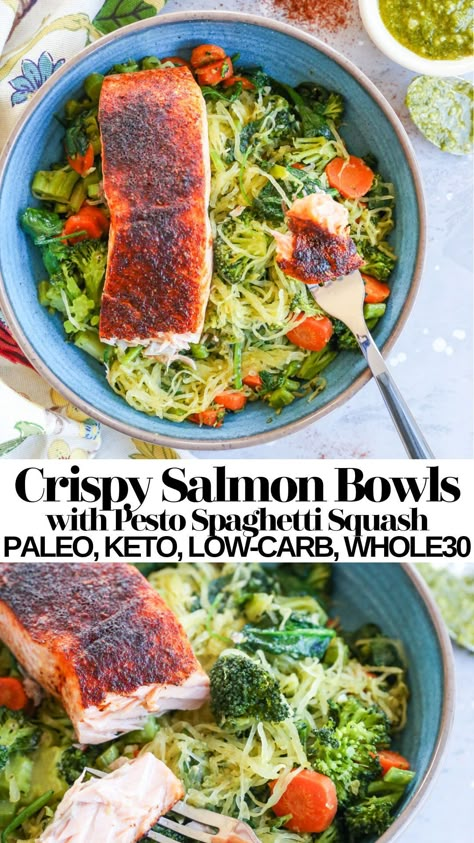 Whole 30 Salmon Bowl, Keto Salmon Bowl, Whole 30 Salmon Recipes, Whole 30 Salmon, Spaghetti Squash Keto, Whole30 Salmon, Pesto Spaghetti Squash, Pesto Spaghetti, Low Carb Salmon