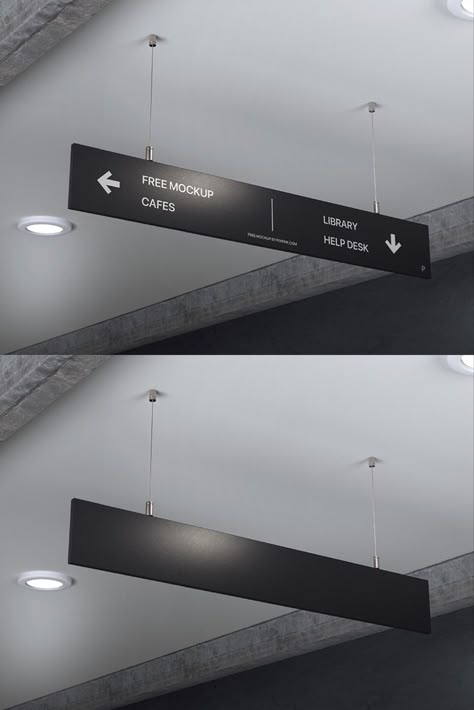 Usually, we see very artistic and modern wayfinding signage inside museums or art galleries which are really helpful to find the places. With today’s free design resource you can design your own directional signage, download this beautiful Free Hanging Direction Sign Mockup which is featured a black directional sign hanging with steel wire on the realistic background. #free #mockup #psdmockup #hangingsign #signboardmockup #wayfinding #directionsign #design #signagemockup signboardmockup Hanging Directional Signage, Sign Direction Design, Hanging Shop Sign, Bank Signage Design, Way Finding Signage Design, Way Finding Design Signs, Interior Wayfinding Signage, Museum Design Interior, Hanging Signage Design