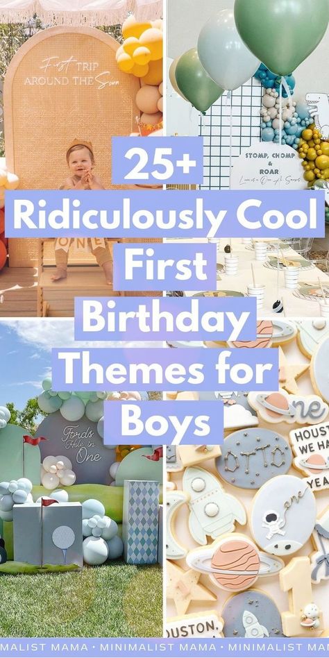 On the hunt for the cute & modern themes for a first birthday boy? These baby first birthday themes are the PERFECT way to celebrate in style. I'm a real toddler boy mom obsessed with cute toddler party ideas & *THESE* are the very best toddler birthday themes for that special 1st birthday party that I *know* will inspire you! (Save to your birthday themes for boys board!) First Birthday Themes For Boys, Toddler Birthday Themes, First Birthday Theme Boy, 1 Year Birthday Party Ideas, 1st Birthday Boy Themes, Baby Boy Birthday Themes, Baby First Birthday Themes, First Birthday Boy, Boys First Birthday Party Ideas