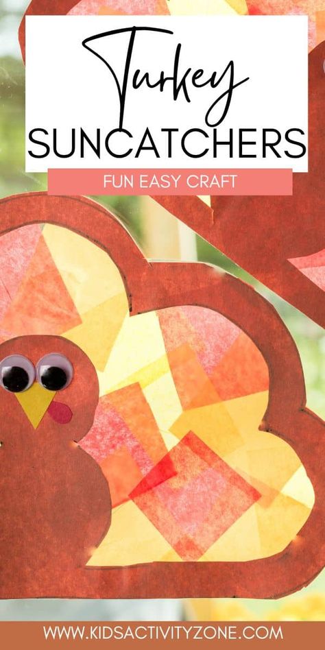 Looking for an easy fall activity to entertain the kids? This Turkey Suncatcher Craft is incredibly easy to create. Just print out the provided turkey template, attach tissue paper to the contact paper, and finish with the turkey cutout. These Thanksgiving suncatchers will look stunning displayed in your windows! Preschool Crafts Fall November, Hanging Turkey Craft For Kids, Contact Paper Turkey Craft, Thanksgiving Craft Kindergarten Easy, Turkey Window Craft, November Class Activities, Fall Suncatchers Preschool, Toddler Suncatcher Craft, Turkey Craft 1st Grade