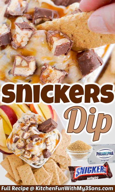 Snickers Dip Recipe, Snickers Apple Dip, Graham Cracker Dip Cream Cheese, Thanksgiving Dessert Dips, Candy Dips, Dessert With Apples, Snickers Dip, Tailgate Snack, Graham Cracker Dip