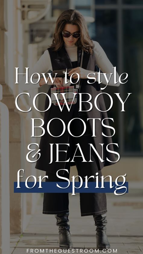 a woman  jeans and cowboy boots in spring, western outfits Western Jean Outfits Women, Bootcut Jeans And Cowboy Boots Outfit, How To Wear Cowboy Boots Women Jeans, Bootcut Jeans With Cowboy Boots, Western Cowboy Boots Outfit, Cowboy Boots With Cropped Jeans, How To Wear Cowboy Boots With Jeans, Cowboy Boots And Jeans Outfit For Women, How To Wear Cowboy Boots Women