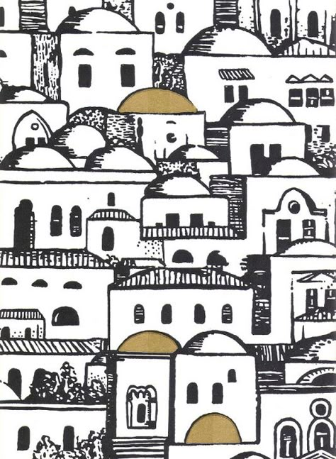 Another cool print - can't wait til I own my own place so I can wallpaper it up. Mediterranean Wallpaper, Fornasetti Wallpaper, Town Drawing, Mediterranean Houses, Building Drawing, Wallpaper Uk, Sea Wallpaper, Black And White Art Drawing, Silhouette Clip Art