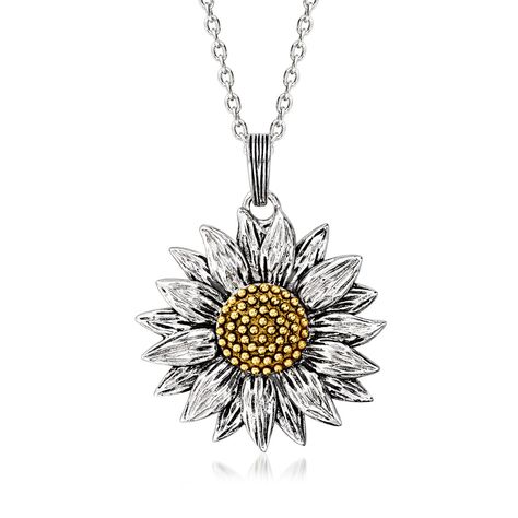 Sterling Silver and 14kt Yellow Gold Sunflower Pendant Necklace. 18" | Ross-Simons Happy Sunflower, 14kt Gold Necklace, Gold Necklace For Women, Jewelry Presentation, Pretty Jewelry Necklaces, Sunflower Jewelry, Sunflower Pendant, Sunflower Necklace, Women Chain