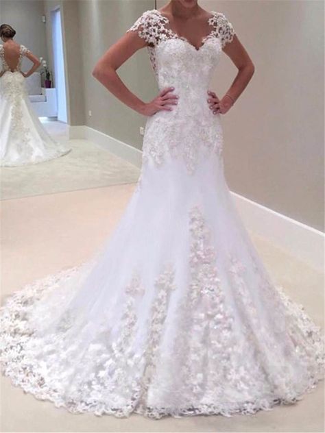 V-Neck Short Sleeves Appliques Mermaid Wedding Dress Flowers Girl Dresses, Brocade Wedding Dress, A Line Princess Wedding Dresses, Tight Wedding Dress, Royal Wedding Gowns, Column Wedding Dress, Sweep Train Wedding Dress, Court Train Wedding Dress, Open Back Wedding