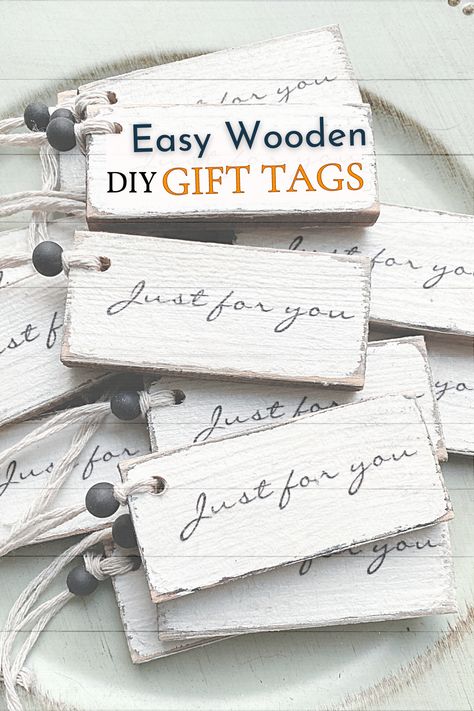 Rustic wooden gift tags that say Just for you with a white string and black bead Basket Tags Diy, Diy Christmas Gift Tags Wood, Wood Gift Tag Ideas, Painted Wooden Gift Tags, Wood Christmas Tags Diy Ornaments, Wooden Tag Ornaments Diy, Christmas Wood Tags Diy, Diy Wooden Gift Tags, Wooden Gift Tag Ornaments