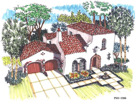 Spanish-Style Home • Plan #S10-1286 • 3 Bedrooms • 2 Full Bathrooms • 2775 Total Square Ft • 2055 Living Square Feet | With award-winning designs like this, each of our home plans offers timeless exteriors designed for the way you want to live. Hacienda Architecture, Spanish Style Homes Plans, Spanish House Plans, Spanish Homes, Spanish Villa, Vintage House Plans, Mediterranean Home Decor, Spanish Style Home, Casas Coloniales