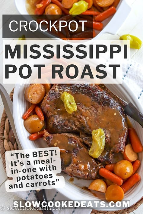 A white oval platter served with crockpot mississippi pot roast with carrots and potatoes. Mississippi Pot Roast With Potatoes, Mississippi Roast Crock Pot, Crock Pot Mississippi Pot Roast, Roast With Potatoes And Carrots, Pot Roast With Potatoes, Crock Pot Dinner, Slow Cooker Mississippi Pot Roast, Crockpot Pot Roast, Roasted Potatoes And Carrots