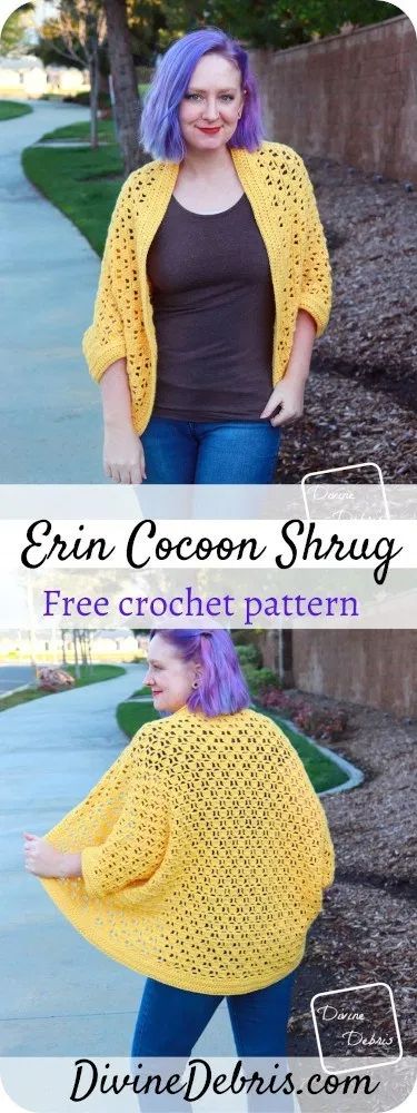 Erin Cocoon Shrug free crochet pattern by DivineDebris.com Knit Poncho Sweater, Crochet Shrug Pattern, Shrug Pattern, Crochet Bolero, Crochet Shawls And Wraps, Crochet Shrug, Crochet Jacket, Crochet Cardigan Pattern, Sweater Crochet Pattern