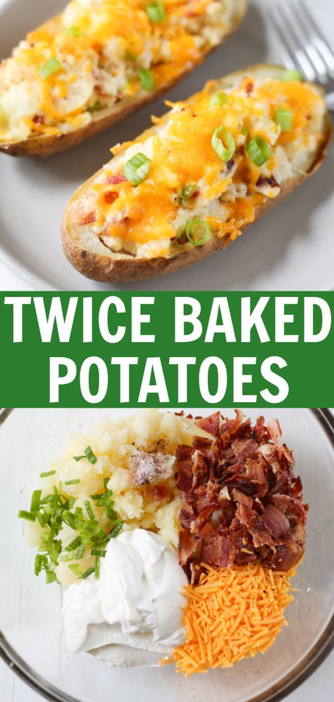 Twice Baked Potatoes are the perfect side dish for any time of year. Crispy potato skins filled with a creamy cheesy filling made from butter, sour cream, cheese, and bacon! Easy Twice Baked Potatoes, Best Twice Baked Potatoes, Crispy Potato Skins, Fake Ginger, Potatoe Skins Recipe, Savory Meals, Baked Potato Recipes, Potato Recipes Side Dishes, Dinner Meal