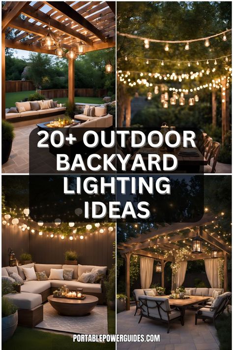 Outdoor backyard lighting ideas Pergola With Lights Backyard Ideas, Lighting Around Fire Pit, Outdoor Mood Lighting, Backyard Light Ideas, Backyard Concert Ideas, Backyard Hanging Lights, Solar Fairy Lights Outdoor Ideas, Deck String Light Ideas, Outdoor Fairy Lights Backyards