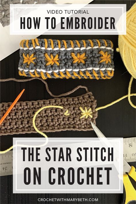 This video and written tutorial by Mary Beth of Crochet with Mary Beth will teach you how to Embroider the Star Stitch on Crochet. The Star Stitch is an pretty stitch that is easy to embroider on any single crochet project. Follow the written instructions or watch the video. You will learn how to think of your crochet as a grid, what spaces to stitch into, the order to stitch, and how to keep the back of your work neat. Click throught to watch the video. Crochet With Embroidery Thread, How To Embroider On Crochet, How To Crochet Stars Tutorials, Crochet Star Stitch Tutorial, How To Crochet Star Stitch, Embroider On Crochet, How To Do The Star Stitch In Crochet, Star Stitch Beanie Crochet, Embroider Crochet