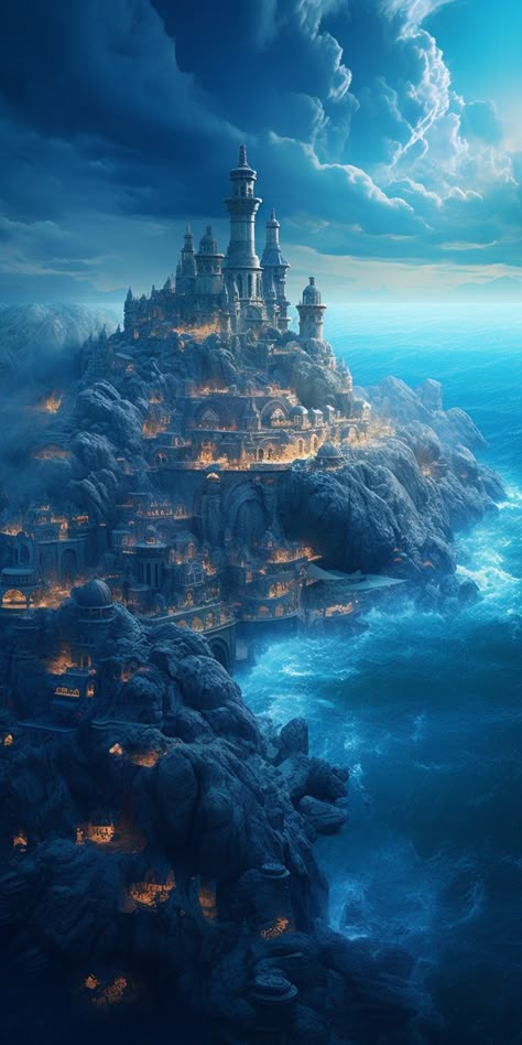 Air Kingdom Fantasy Art, Kingdom On An Island, Seaside Kingdom Fantasy Art, Water Castle Aesthetic, Beach Kingdom Fantasy Art, Fantasy Island Kingdom, Sea Kingdom Fantasy Art, Fantasy Ocean Kingdom, Seaside Castle Fantasy Art