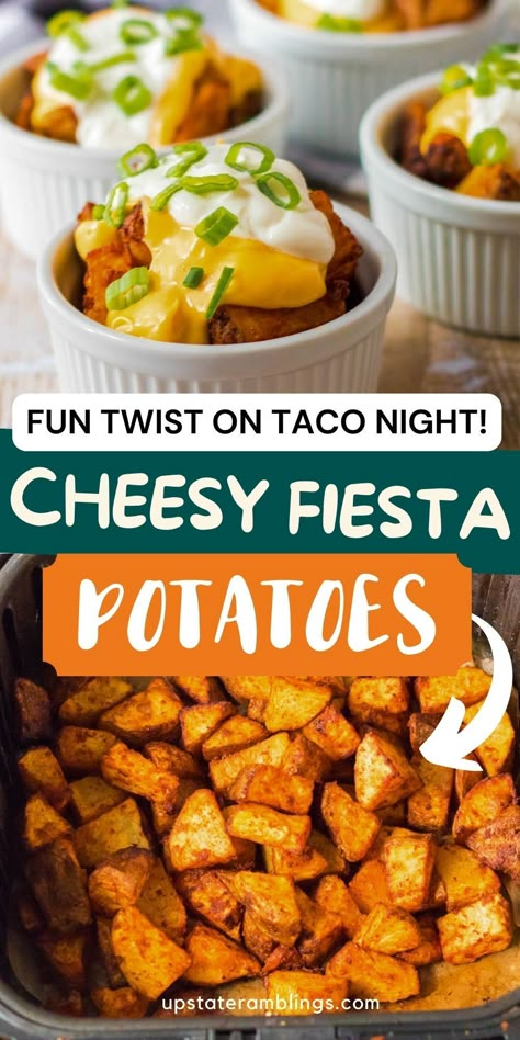 Cheesy Fiesta Potatoes Taco Tuesday Night Ideas, Best Taco Night Recipes, Taco Movie Night, Taco Bar New Years Eve, Cheesy Mexican Potatoes, Taco Night Appetizers Parties, Mexican Tuesday Recipes, Sides To Go With Tacos Simple, Taco Tuesday Meal Ideas