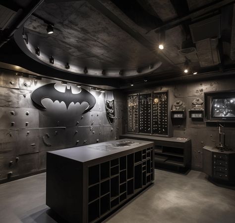 Batman Cave Ideas, Batman Gaming Setup, Batcave Mancave, Batcave Aesthetic, Batman Man Cave, Batcave Room, Batman House, Batman Cave, Superhero Aesthetic