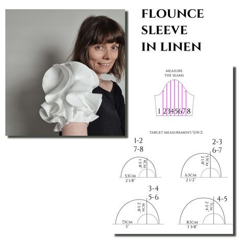 Here's a flounce sleeve from my latest tutorial. 😊 I made it in stiff linen and each flounce consists of two layers of fabric so they hold the shape pretty nicely. The flounces are high-low full circles that I cut on the fold. The calculation for the radius is the same as the one you use for circle skirts. The target measurement is the seam length where the flounce will be inserted. I divided the sleeve into 8 sections and there are a total of 7 flounces. The easiest way to finish the hem ... Flounce Pattern, Pattern Making Tutorial, Fashion Studies, Model Lengan, Instagram Pattern, Circle Skirts, Sewing Crafts Tutorials, Sewing Fashion, The Fold