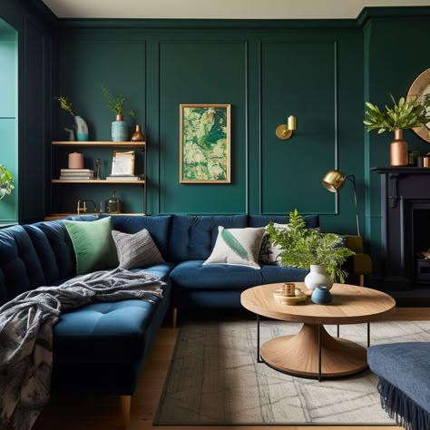 10 Colors That Go Well With Navy Blue - Rhythm of the Home Navy Blue And Moss Green Living Room, Forest Green And Navy Living Room, Living Room Paint Color Ideas With Navy Blue Sofa, Green Walls Blue Couch, Green Walls Blue Sofa, Navy Blue Lounge Ideas, Blue And Green Paint Scheme, Teal Feature Wall Living Room, Navy Blue Couch Living Room Ideas