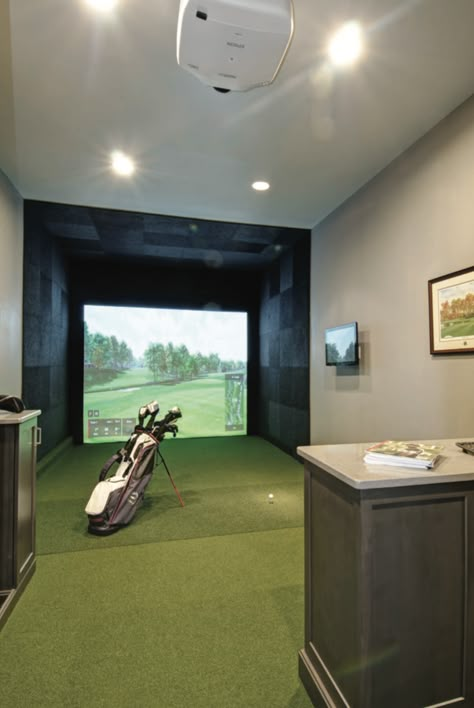 How We Turned a 3 Car Garage Into a Home Golf Simulator Room | Garage Remodeling in Columbus, Ohio - Dave Fox Home Golf Simulator Room, Diy Golf Simulator, Golf Man Cave, Room Projector, Exterior Garage Door, Simulator Room, Home Golf Simulator, Indoor Golf Simulator, Office Golf