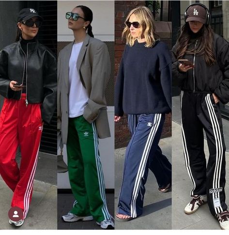 Adidas Outfit Women Casual, Sporty Glam Outfits, Zoomer Fashion, Woven Pants Outfit, Adidas Track Pants Outfit Woman, Track Pants Outfit Women, Style Adidas Pants, Adidas Track Pants Outfit, Adidas Street Style