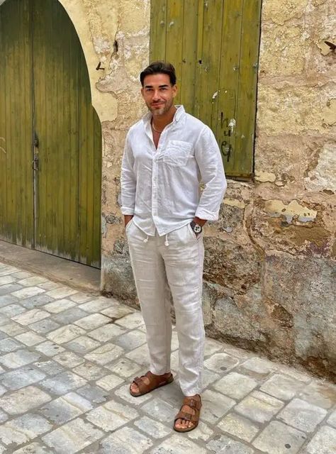 Man Linen Pants Outfit, Old Money Linen Outfit Men, Linen Fits Men, Linen Summer Outfit Men, Men’s Beach Wedding Outfit, Beach Sandals Men, Mediterranean Outfit Men, Men’s Linen Outfit, Mens Linen Pants Outfit