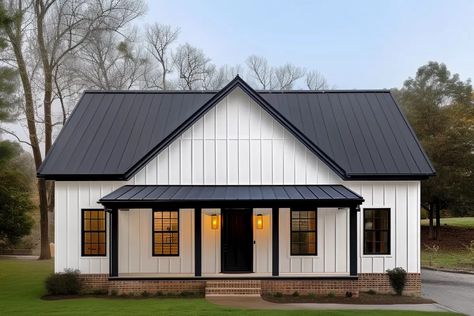 This modern farmhouse plan  gives you 2 bedrooms, 2 full baths and 1,120 square feet of heated living space with a 2-car side-entry garage at the rear of the home.  Step into a space that is open wall-to-wall from the 8'-deep front porch and enjoy unbroken views from the kitchen stove to the fireplace. The entire front of the home is under a vaulted ceiling. Bedrooms line the back of the home plan and are separated by two bathrooms maximizing your privacy. Architectural Designs' primar Garage Beside House, Country House Small Cottage Style, 2 Bedroom Cottage House Plans, 2 Bedroom 1200 Sq Ft House Plans, Barndominium Ideas 1500 Sq Ft, 1500 Sq Ft Barndominium Floor Plans With Loft, Small House With Loft Floor Plans, 36x36 House Plans, 1000 Square Foot House Plans Open Floor