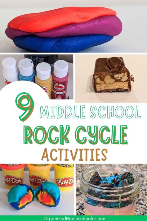 9 middle school rock cycle activities written in between playdough rocks, rock painting, Snickers rock, playdough Earth, and Earth pudding Hands On Rock Activities, Rock Types Activities, Rock Cycle Model Project, Rock Layers Activity, Rock Unit Study, Earth Science Experiments Middle School, Life Science Experiments For Middle School, Rocks Unit Study, Earth Science Activities High School