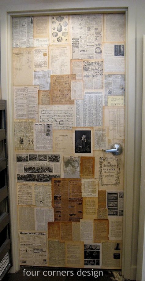 four corners design: Paper + glue = inspiration Door Decorations Aesthetic, Book Pages Wall Decor, Book Paper Wall, Newspaper Decor, Corner Deco, Corners Design, Diy Room Decor For Teens, Dorm Room Inspiration, Decoupage Art