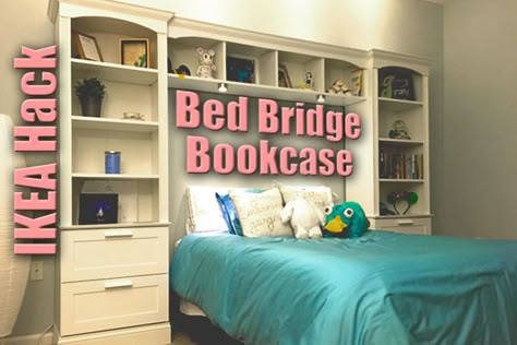 A Bed Bridge Bookcase is an efficient and stylish 3-cabinet configuration that acts as nightstands and headboard, and provides ample storage. Bed Between Bookcases, Bed Bridge Bookcase, Bookcase Bedframe, Bookcase Bedhead, Cosplay Storage, Platform Bed Diy, Ikea Platform Bed, Bed Bridge, Ikea Bookcases