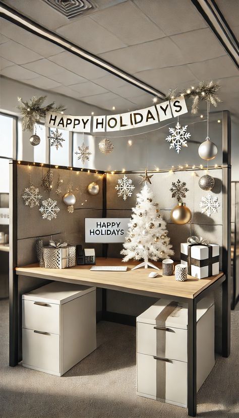 20+ Brilliant Ways to Decorate Your Office Cube for Christmas 🎄✨ Cubicle Decorating Ideas, Small White Christmas Tree, Christmas Cubicle, Office Cube, Cubicle Wall, Burlap Garland, Wrapped Presents, Cubicle Walls, Elegant Snowflake