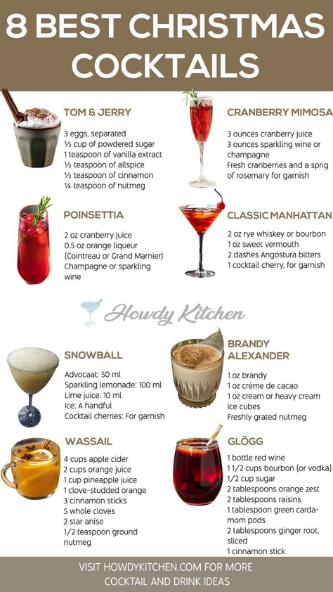 A festive guide showcasing Christmas cocktails like Cranberry Mimosa and Brandy Alexander, Cranberry Mimosa with colorful garnishes and rich holiday flavors, perfect for seasonal celebrations. Christmas Cocktail Menu Ideas, Cocktail Ideas Alcoholic Drinks, Special Christmas Dinner Ideas, Christmas Wedding Cocktails, Cocktails Recipes Christmas, Christmas Day Drinks, Christmas Cocktail Party Recipes, Virgin Christmas Cocktails, Holiday Themed Cocktails