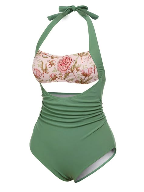 [Pre-Sale] Green 1930s Peony Halter One-Piece Swimsuit – Retro Stage - Chic Vintage Dresses and Accessories Retro Swimsuits For Women, Whimsigoth Swimsuit, My Dream Clothes, Fairy Swimsuit, Vintage Swim Suits, Aesthetic One Piece Swimsuit, 80s Bathing Suit, Corset Swimsuit, 70s Swimsuit