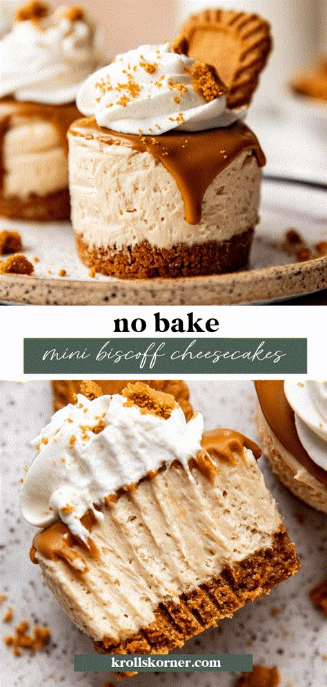 No Bake Mini Biscoff Cheesecakes • Kroll's Korner Yum Yum Recipe Desserts, Easy Bake Off Recipes, Cookie Butter Mini Cheesecakes, No Bake Mini Lotus Biscoff Cheesecake, Biscoff No Bake Cheesecake Cups, Homemade Birthday Desserts, Quick Fancy Desserts, Boujee Dessert, Small Birthday Desserts