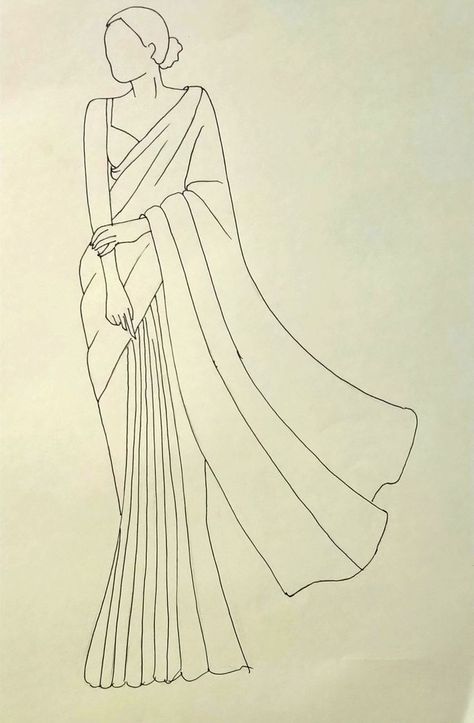 Saree Outline Sketch, Saree Design Drawing Sketches, How To Draw A Saree, Saree Sketch Design, Dresses To Draw Easy, Dress Design Drawing Indian, Indian Fashion Croquis, Saree Drawing Illustration, Saree Croquis