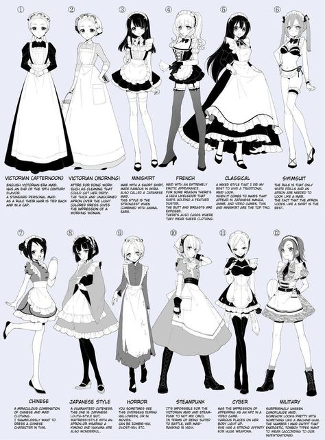 12 Types of Maid Outfits | Maid Outfits / Meido | Know Your Meme Tekken 2, Anime Maid, Drawing Anime Clothes, Maid Outfit, Dress Drawing, Poses References, Fashion Design Drawings, Anime Drawings Tutorials, Drawing Clothes