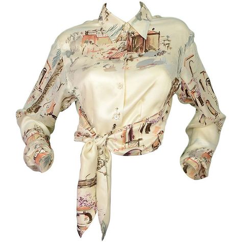 Pre-owned HERMES Ivory Landscape Printed Silk Button Down Top w/Tie sz... ($400) ❤ liked on Polyvore featuring tops, blouses, silk blouse, tie blouse, white silk blouse, ivory silk blouse and white tie waist blouse Cropped White Shirt, White Silk Blouse, Shirts Crop, Weird Shirts, White Button Up, Printed Silk, Looks Style, Silk Shirt, Look Cool