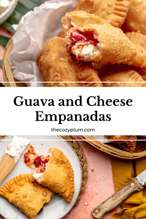 Guava and cheese empanadas are a tasty sweet and tangy treat! The empanada filling is made with tropical guava paste and cream cheese that gets stuffed inside of pre-made empanada dough discs and fried, air fried, or baked into a nice crispy texture. These 4-ingredient guava dessert empanadas are so easy to make and packed with delicious, rich flavor. Sweet Plantain Empanadas, Empanada Dessert Recipes, Guava Pastry Recipe, Guava And Cheese Appetizers, Sweet Empanadas Filling, Guava And Cheese Empanadas, Authentic Mexican Empanadas Recipe, Empanada Filling Recipes Desserts, Yucca Empanadas