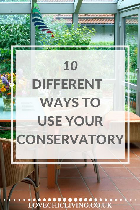 Got a conservatory and not sure how to use it properly. Here is a great list of 10 different ways to put your conservatory to really good use, from a dining room, to playroom to den and so much more. Which one could work in your home? Conservatory Sofa Ideas, Conservatory Room Ideas, Conservatory Decorating Ideas, Conservatory Interior Design, Lean To Conservatory Interior, Modern Conservatory Decor, Small Conservatory Ideas Interior Design, Lean To Conservatory Ideas, Small Conservatory Furniture