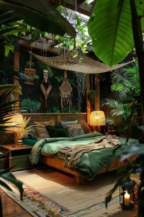 Goblincore Apartment, Jungle Inspired Bedroom, Bedroom Vibes Aesthetic, Jungle Room Aesthetic, Jungle Boys Room, Jungle Interior Design, Nature Themed Room, Green Bedroom Inspirations, Nature Bedroom Ideas