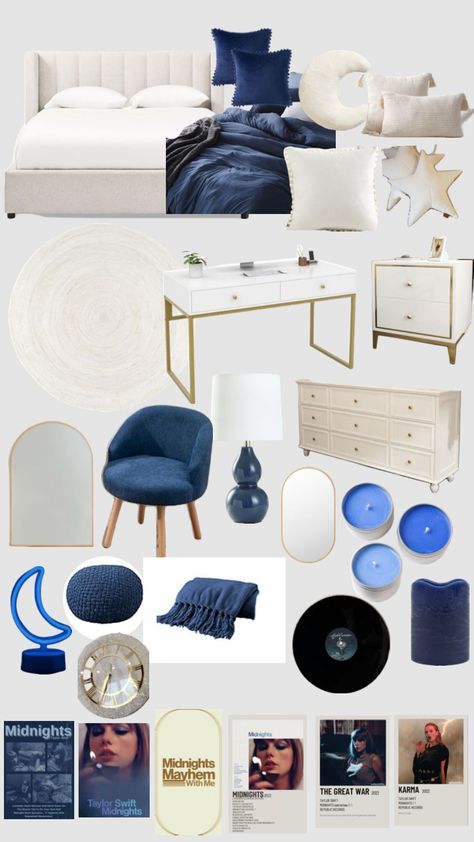 #taylor swift #midnights #navy/blue￼bedroom Dorm Room Ideas Navy Blue, Room Ideas Navy Blue, Pink College Dorm Room Ideas, Pink College Dorm, College Dorm Room Ideas Aesthetic, Navy Room Decor, Dorm Room Ideas Aesthetic, Aesthetic Navy Blue, Aesthetic Navy