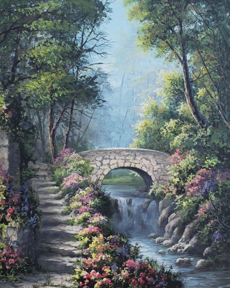 Nature Beauty Painting, Easy Aesthetic Landscape Painting, Beautiful Landscapes To Draw, Bridge Oil Painting, Bridge Landscape Painting, Flower Bushes Drawing, Things To Paint On A Large Canvas, Paintings Of Forests, Flower Bushes Painting