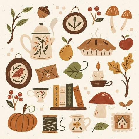 Oh Jess Marie (@ohjessmarieart) • Instagram photos and videos Aesthetic Scrapbook Journal, Autumn Cottage Core, Cottagecore Drawing, Pastel Fall, Aesthetic Scrapbook, Scrapbook Journal Ideas, Books Drawing, Winter Illustrations, Pie Baking