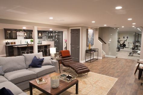 Basement Gym And Family Room, Transitional Basement, Basement Home Gym, Open Basement, Home Gym Basement, Wine Cellar Basement, Georgia House, Basement Layout, Modern Basement