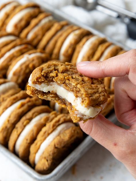 Oatmeal Sandwich Cookies Cream Cheese Delight, Oatmeal Sandwich Cookies, Brown Butter Cream Cheese Frosting, Oatmeal Lace Cookies, Brown Butter Cream Cheese, Butter Cream Cheese Frosting, Cookie Sandwiches, Oatmeal Cookie Recipes, Best Oatmeal