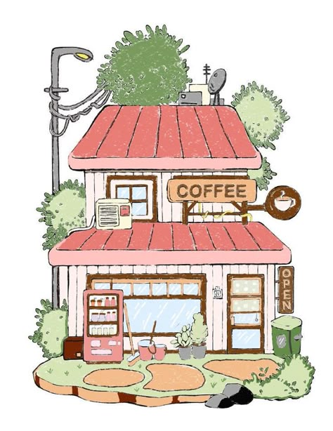 Cake Shop Drawing, Cafe Sketch Coffee Shop, Cafe Shop Drawing, Cafe Drawing, Art Poses Reference, Houses Watercolor, Handcraft Ideas, Town Drawing, Whimsical Houses