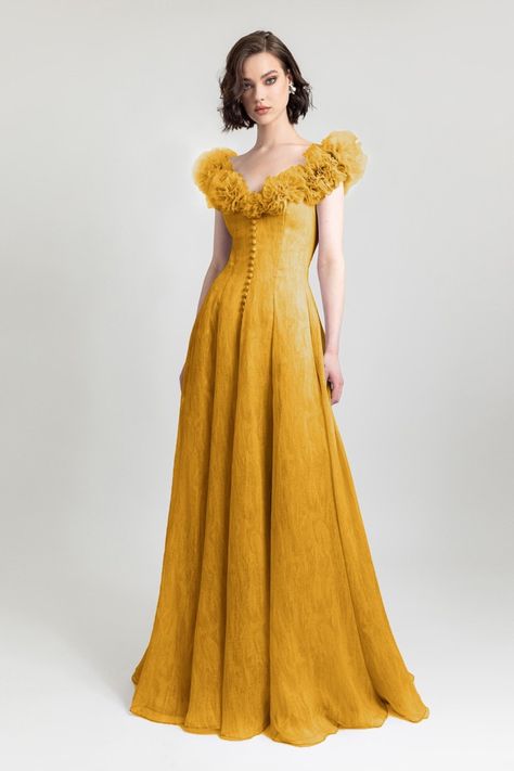 Gemy Maalouf Lords And Ladies, Mustard Dress, Long Outfit, Ruffle Gown, Evening Dresses Online, Mustard Dressing, Cut Dress, Tulle Gown, Ruffled Sleeves