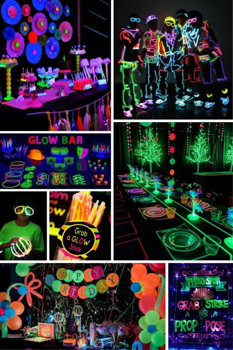 Neon blacklight Glow-in-the-Dark Party ideas + more Tween boy birthday party ideas including at-home games, outside activities, fun food and creative out-of-the-house experiences. Great birthday party themes for boys turning 9, 10, 11 or 12! Glow In The Dark Outside Party, Glow Themed Birthday Party, Glow In Dark Birthday Party, Edm Birthday Party Ideas, Game On Party Ideas, Glow Party Theme Ideas, Toddler Rave Birthday Party, Lets Glow Party Ideas, Led Birthday Party Ideas